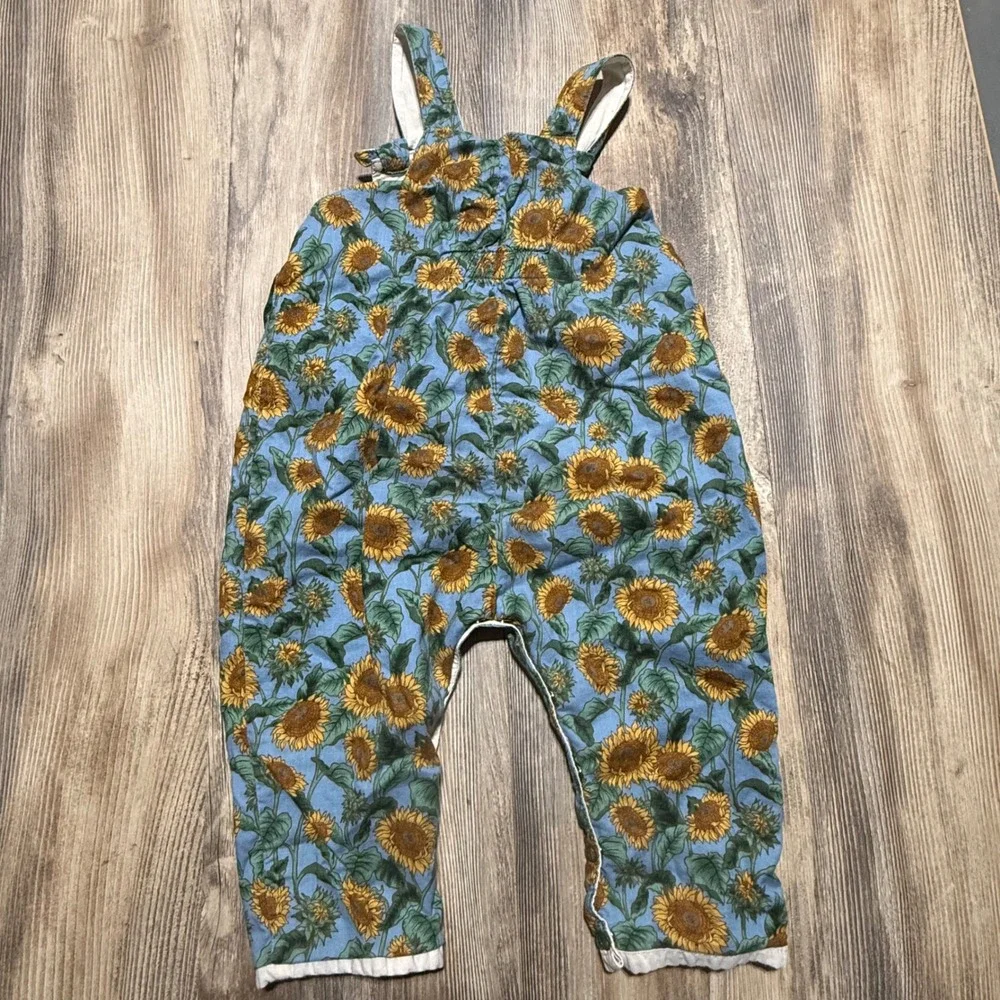 Vintage Seedlings Overalls Blue Sunflower Print Cottagecore Kids M